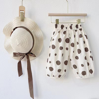 Νέο καλοκαιρινό στυλ 2024 για κορίτσια, αμάνικο πουκάμισο με στολισμένα αυτιά, πουά παντελόνι με φαρδιά μπατζάκια, βρεφικό casual κοστούμι με καπέλο