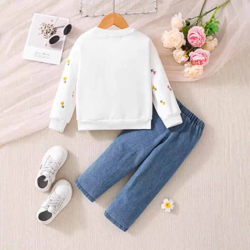 Φούτερ με στρογγυλή λαιμόκοψη και κινούμενα σχέδια με τουλίπα για κορίτσια, σετ δύο τεμαχίων, σε νέο δυτικό στιλ, με θέμα το Διαδίκτυο