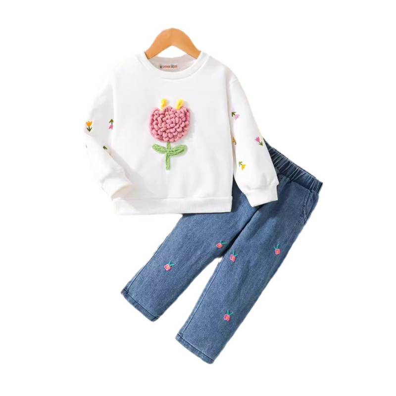 Φούτερ με στρογγυλή λαιμόκοψη και κινούμενα σχέδια με τουλίπα για κορίτσια, σετ δύο τεμαχίων, σε νέο δυτικό στιλ, με θέμα το Διαδίκτυο