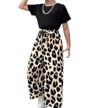 [Piiriülene laste rõivas] Tüdrukute suvine leopardimustriga pükskostüüm 2024. aasta uus laste vabaaja lääne stiilis kaheosaline komplekt