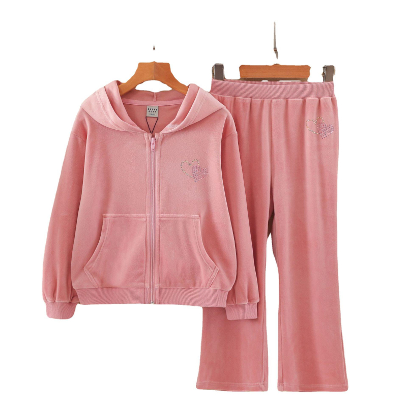 Tüdrukute pikkade varrukatega kapuutsiga jope 2024 uued laste pikad püksid soe sügis ja talvine kaheosaline komplekt