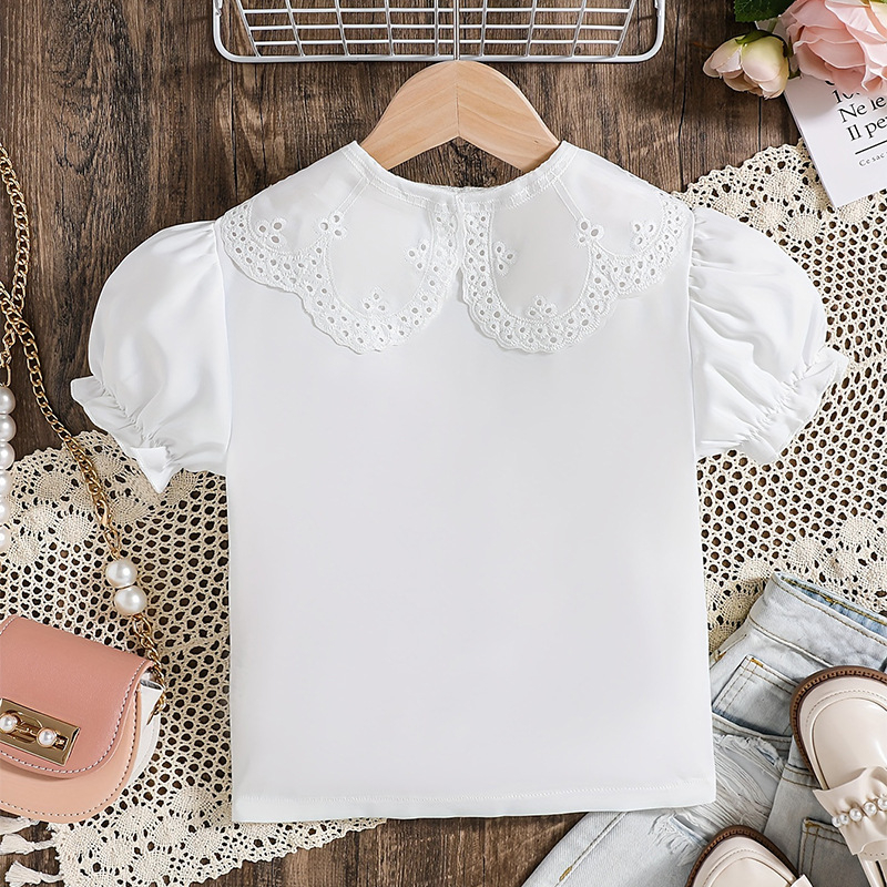 Καλοκαιρινά Κοριτσίστικα Πουκάμισα Διασυνοριακής Προμήθειας Λευκό Κολάρο για Κούκλες με Φουσκωτά Μανίκια Μικρά και Μεσαία Παιδικά Χαριτωμένα Μπλουζάκια