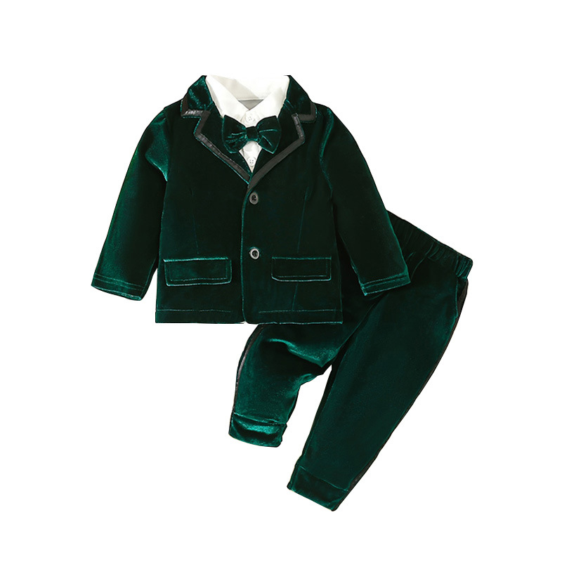 Väliskaubanduse hulgimüük Euroopa ja Ameerika poiste ülikonnad, sügis-talvine kuldne sametist laste härrasmehe Briti stiilis kolmeosaline komplekt