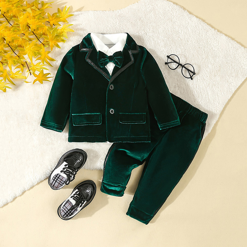 Väliskaubanduse hulgimüük Euroopa ja Ameerika poiste ülikonnad, sügis-talvine kuldne sametist laste härrasmehe Briti stiilis kolmeosaline komplekt