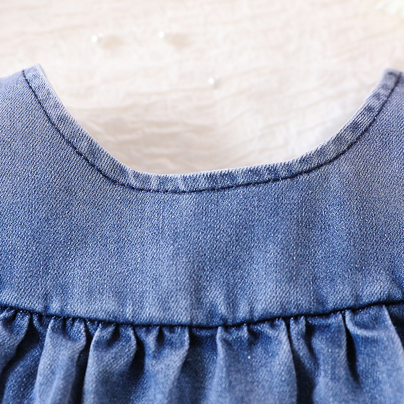 Pirmojo vaiko mergaitės džinsinis sijonas 2024 m. vasarai, naujas korėjietiškas mergaitės suknelės su mažomis muselėmis ir torto formos sijonu, miela.