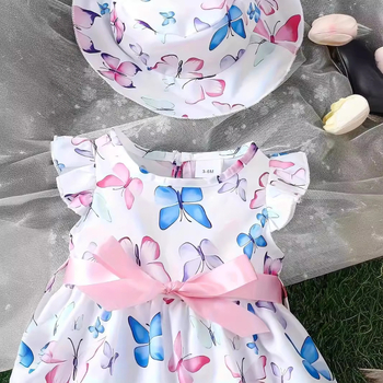 Tarptautinė INS kūdikio mergaitės vasarinė daugiaspalvė drugelių spausdinimo kaspino miela suknelė skrybėlė