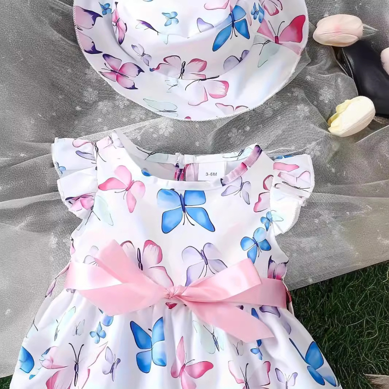 Tarptautinė INS kūdikio mergaitės vasarinė daugiaspalvė drugelių spausdinimo kaspino miela suknelė skrybėlė