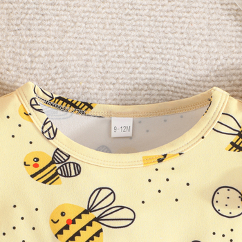 Išskirtinė 2024 m. pavasario ir vasaros kūdikių mergaitės miela dviejų dalių suknelė su kaspinu ir mielos bitės raštu.