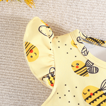 Išskirtinė 2024 m. pavasario ir vasaros kūdikių mergaitės miela dviejų dalių suknelė su kaspinu ir mielos bitės raštu.