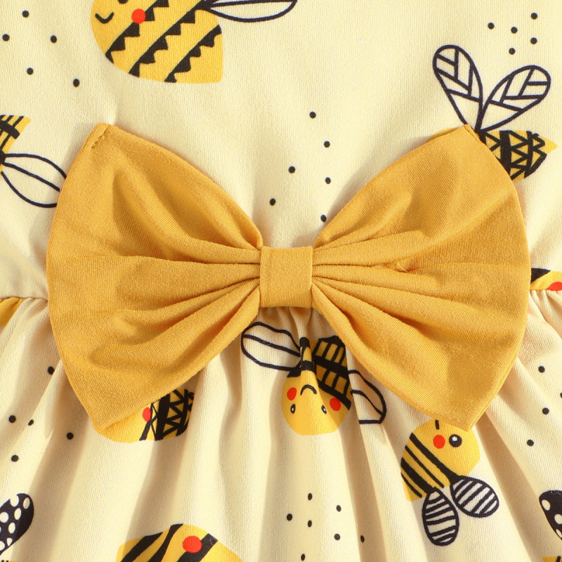 Išskirtinė 2024 m. pavasario ir vasaros kūdikių mergaitės miela dviejų dalių suknelė su kaspinu ir mielos bitės raštu.