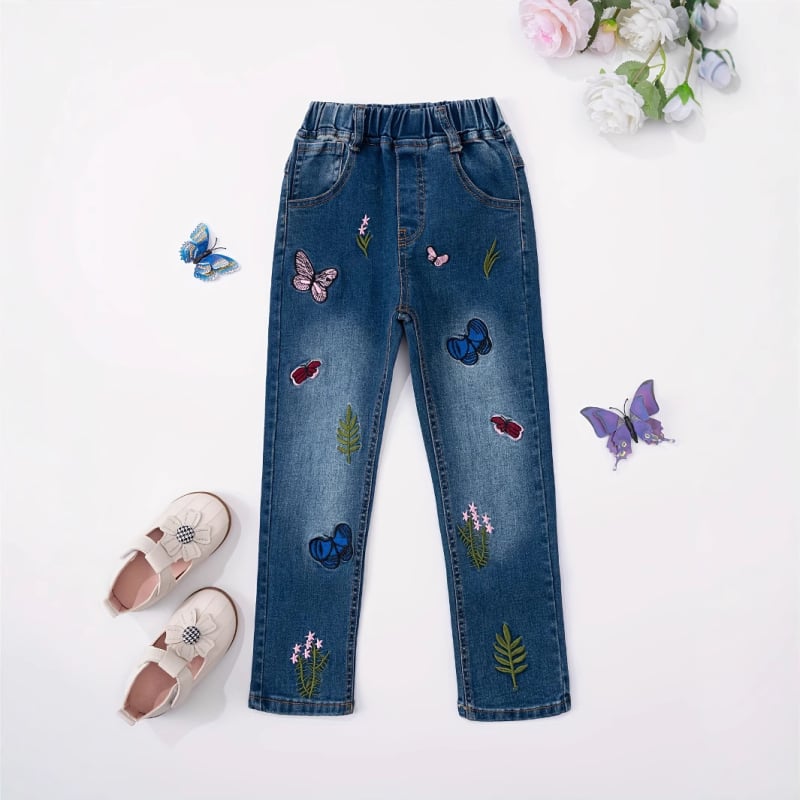 Pantaloni noi din denim drepți, cu fundă brodată, asortați