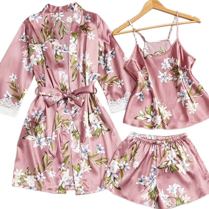 Jauniešu pārrobežu zīda pidžamas sieviešu siksnu šorti naktskrekls trīsdaļīgs vasaras ērts virsdrēbes mājas apģērbs