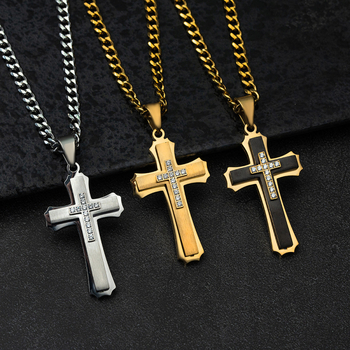 Väliskaubandusega kuum titaanterasest kaelakee roostevabast terasest meeste mitmekihiline rist teemant-tsirkoonripatsiga Euroopa ja Ameerika moeehted