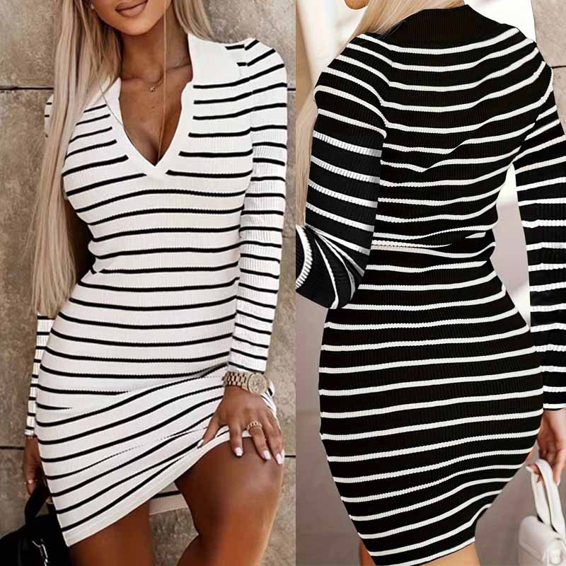 Jeseň 2024 nové európske a americké dámske šaty so zahraničným obchodom, klopou v tvare V, farebnými pruhmi a úzkymi šatami