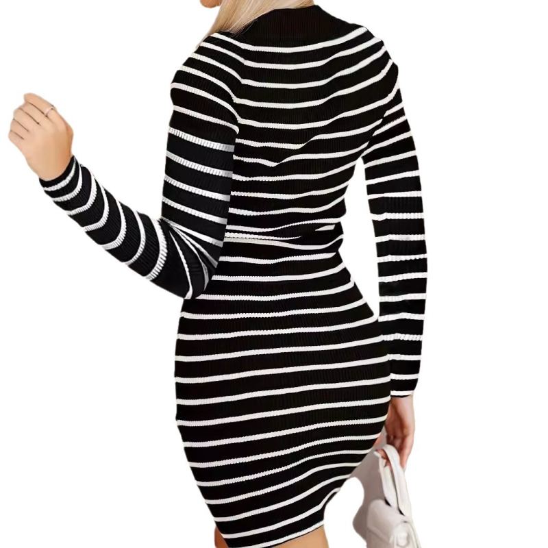 Jeseň 2024 nové európske a americké dámske šaty so zahraničným obchodom, klopou v tvare V, farebnými pruhmi a úzkymi šatami