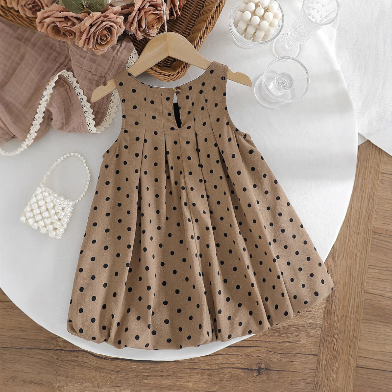 Tüdrukute kevad- ja suvekleit „Stiilne ja moodne ümara kaelusega täpiline” varrukateta kohvimustriga kleit