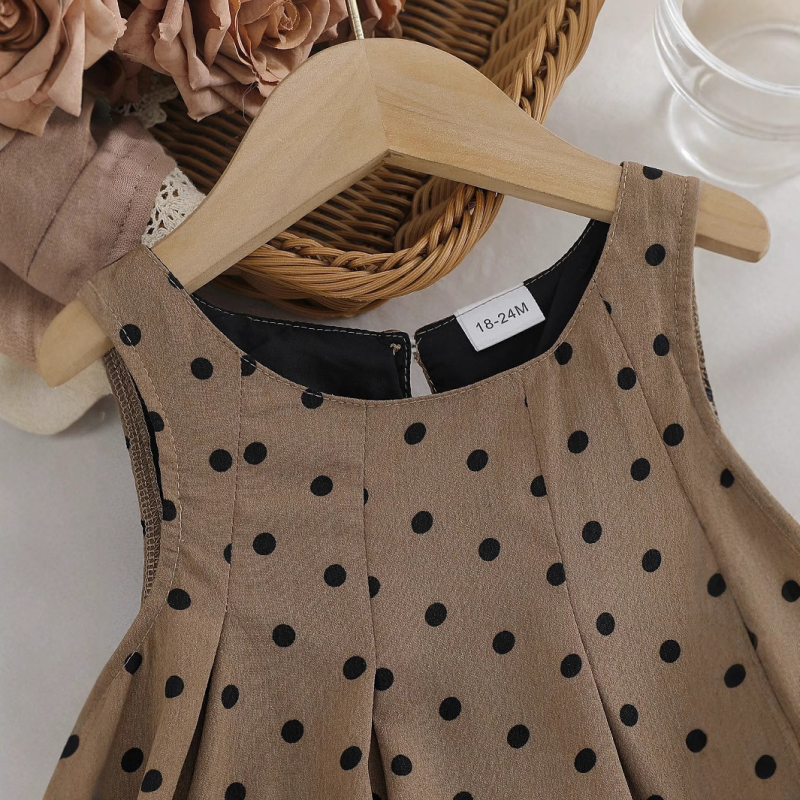 Tüdrukute kevad- ja suvekleit „Stiilne ja moodne ümara kaelusega täpiline” varrukateta kohvimustriga kleit