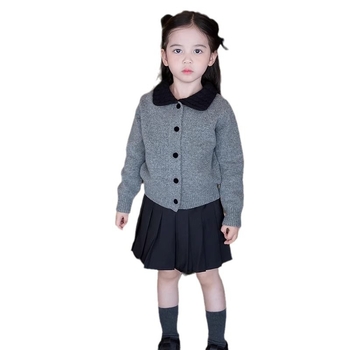 Jesenski i zimski pleteni kardigan za djevojčice u francuskom akademskom stilu 2024. s reverom za novorođenče