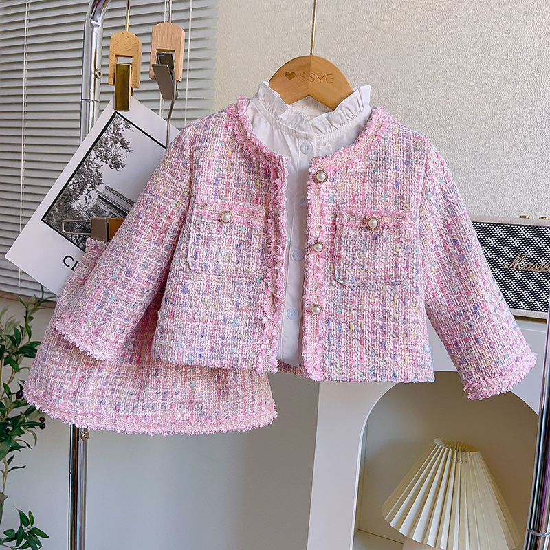 Dievčenský módny kostým v štýle Chanel, jarný nový príchod, západný štýl, módna bunda a sukňa, dvojdielna súprava ACA027