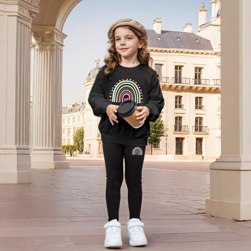 Dievčenské 2-balenie ležérnej mikiny s dlhým rukávom a legín s kreslenou dúhovou potlačou pre zahraničný obchod INS
