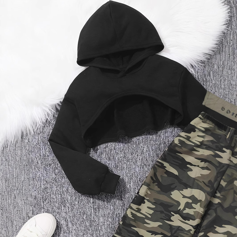 Cezhraničný zahraničný obchod INS Čiastočne krátky oblek Wei Yi s kapucňou, vlnený rebrovaný chrbát a maskáčová potlač s celou potlačou, 3-dielna súprava Wei nohavíc