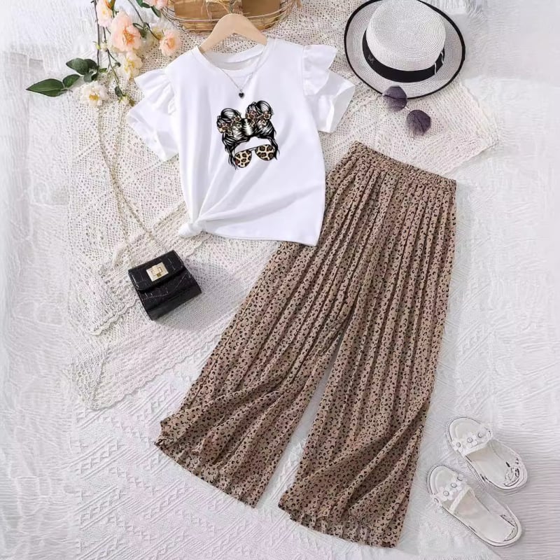 Costume pentru fete Bl051, bluze cu mânecă scurtă, pantaloni plisați cu picior larg, pantaloni imprimați, set de două piese pentru pantaloni kaki