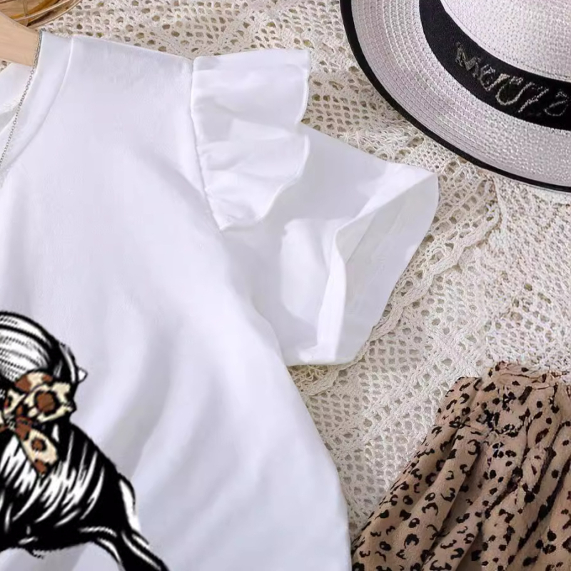 Bl051 Момичешки костюми, топове с къс ръкав, плисирани широки панталони, панталони с щампа, комплект от две части панталони в цвят каки