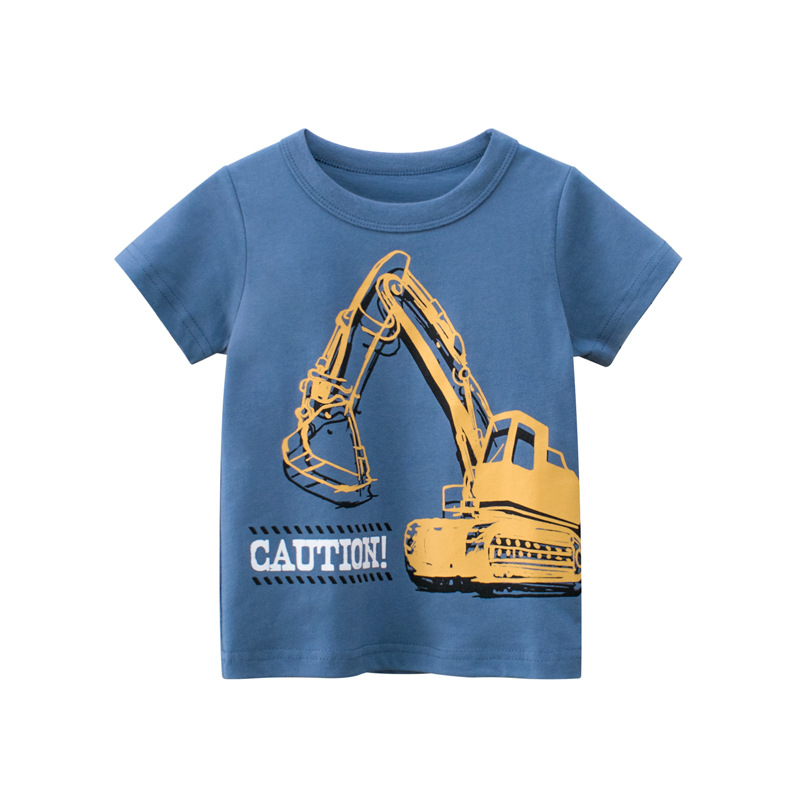 Îmbrăcăminte pentru copii de vară 2024 Produse noi Tricouri cu mânecă scurtă pentru copii, en-gros, îmbrăcăminte pentru bebeluși cu imprimeu de excavator, livrare directă