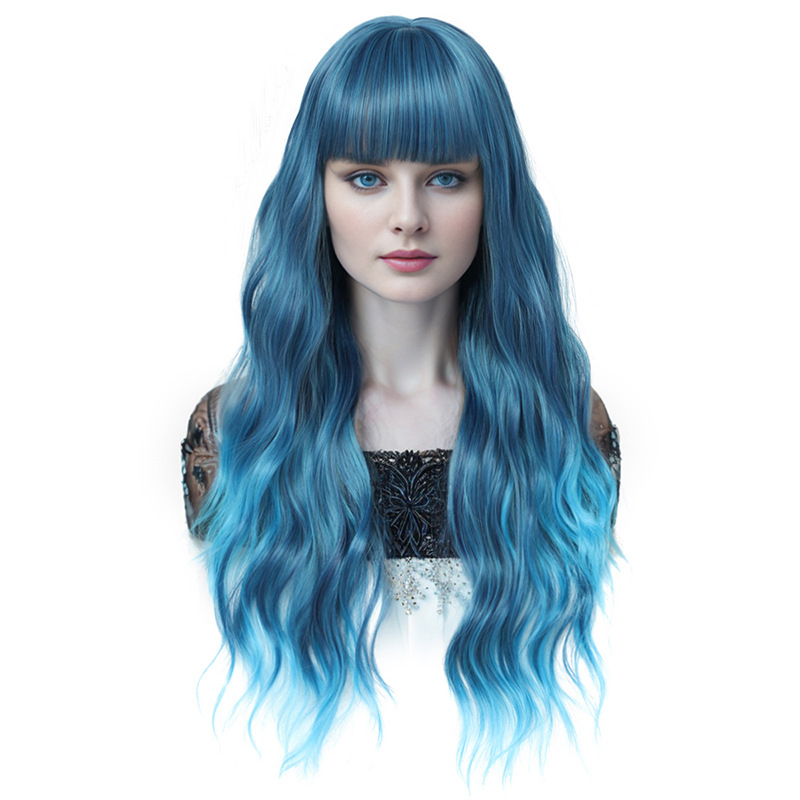 Външнотърговски горещо продавани европейски и американски големи вълни дълга къдрава коса тъмносин градиентен темперамент трансгранични европейски и американски перуки женски перуки