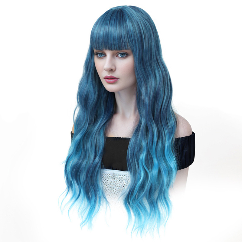 Външнотърговски горещо продавани европейски и американски големи вълни дълга къдрава коса тъмносин градиентен темперамент трансгранични европейски и американски перуки женски перуки