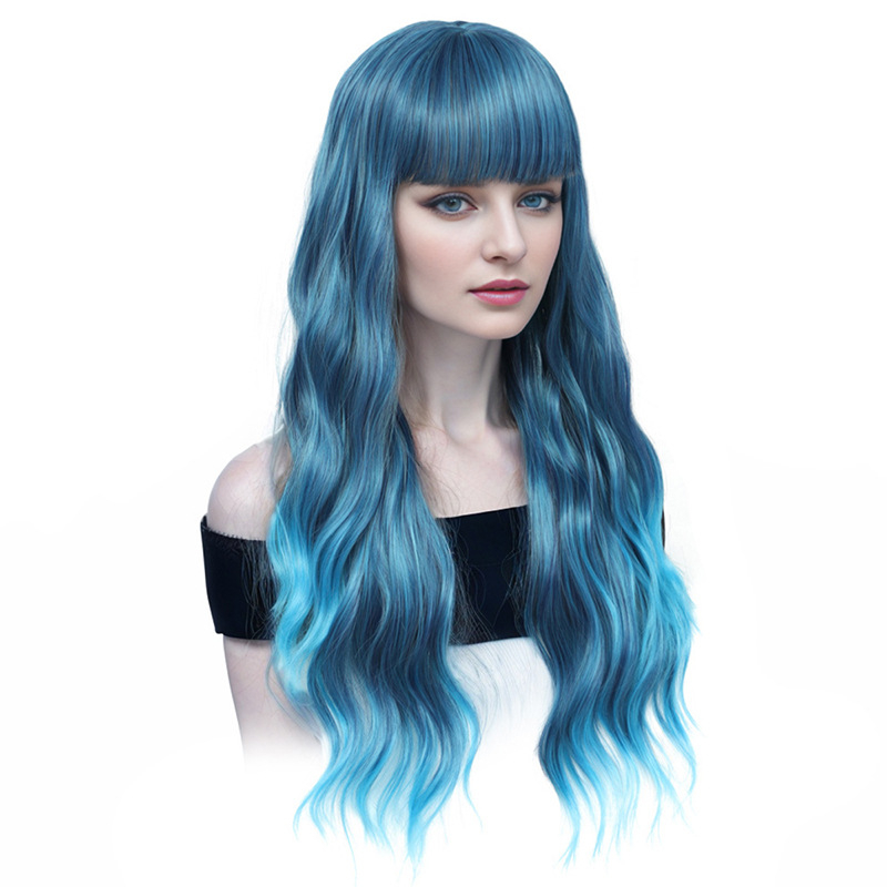 Външнотърговски горещо продавани европейски и американски големи вълни дълга къдрава коса тъмносин градиентен темперамент трансгранични европейски и американски перуки женски перуки