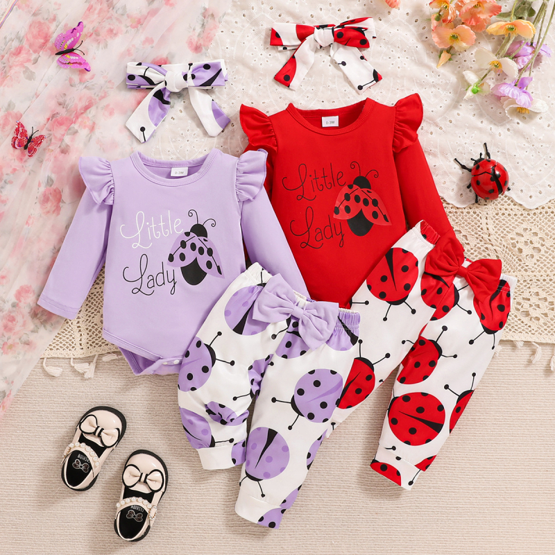 Amazon Crossborder Letter Ladybug Printed Triangle Clothes Αναρρίχηση Ρούχα κοστούμι Φιόγκος Παντελόνι Δύο τεμαχίων Συνδυασμός κοστουμιού