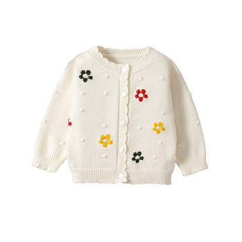Dječji pleteni vuneni kardigan, kremasto-bijeli, okrugli izrez, dugi rukavi, cvjetni vez, džemper u zapadnjačkom stilu