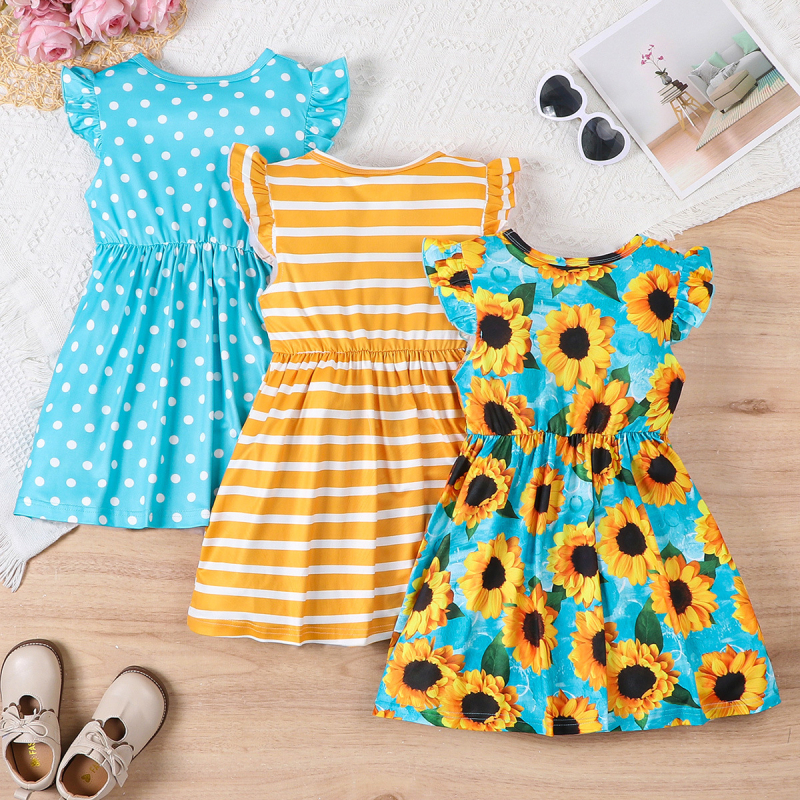 Tüdrukute suvine väliskaubanduse hulgimüük päevalilleprindiga varrukateta seelik triibuline seelik täpiline seelik kolmeosaline komplekt