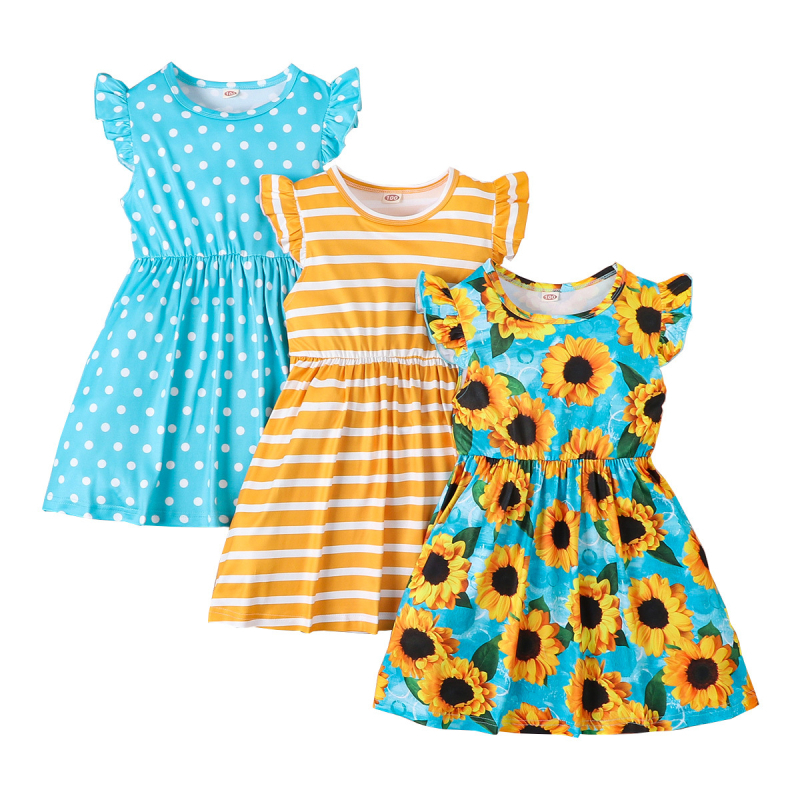 Tüdrukute suvine väliskaubanduse hulgimüük päevalilleprindiga varrukateta seelik triibuline seelik täpiline seelik kolmeosaline komplekt