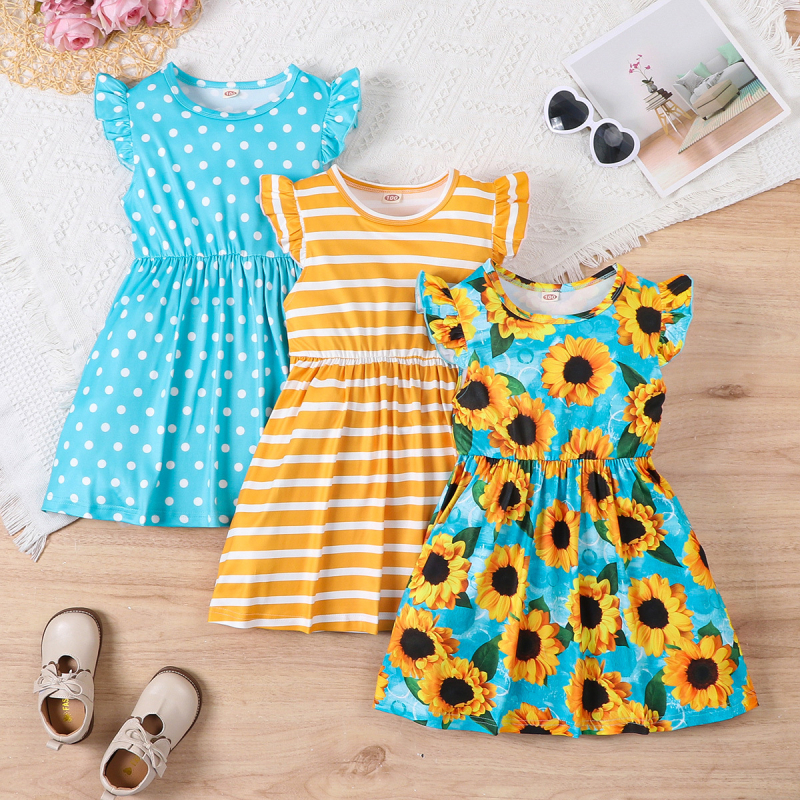 Tüdrukute suvine väliskaubanduse hulgimüük päevalilleprindiga varrukateta seelik triibuline seelik täpiline seelik kolmeosaline komplekt