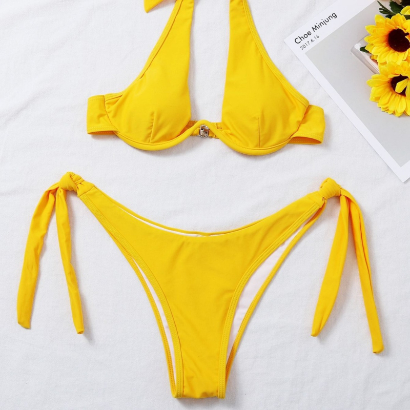 2024-es új női hasított, egyszínű, szexi bikini fürdőruha, mély V-nyakú, pántnélküli, kis mellkasú push-up fürdőruha
