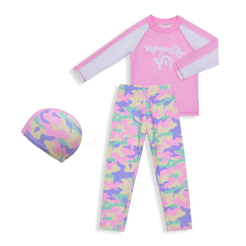 Väliskaubanduse tehase tüdrukute roosa kamuflaažujumistrikoo lõhenenud päikesekaitse pikkade varrukatega püksid ujumisriided surfisukeldumisülikond