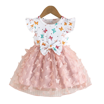 Αποκλειστικό για μωρά κορίτσια, casual, χαριτωμένο φόρεμα με στάμπα και κέντημα πεταλούδας από πλέγμα