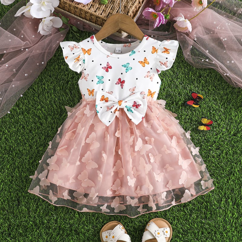 Αποκλειστικό για μωρά κορίτσια, casual, χαριτωμένο φόρεμα με στάμπα και κέντημα πεταλούδας από πλέγμα