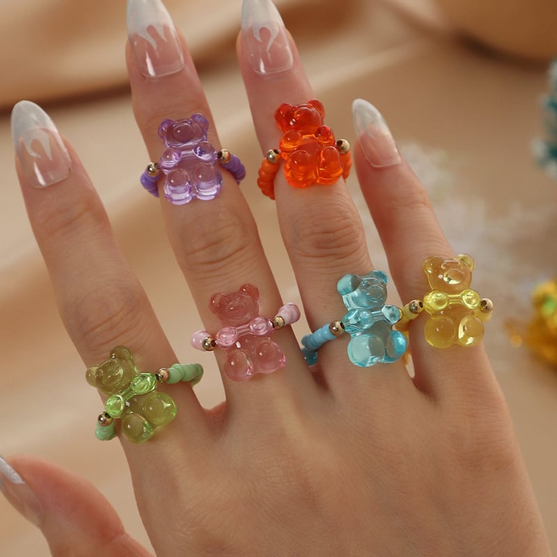 RZ0664 Nai Bead Net Red Wind Jelly Resin Bear Protection Ring Ρυθμιζόμενο δαχτυλίδι με χάντρες 6 τεμαχίων