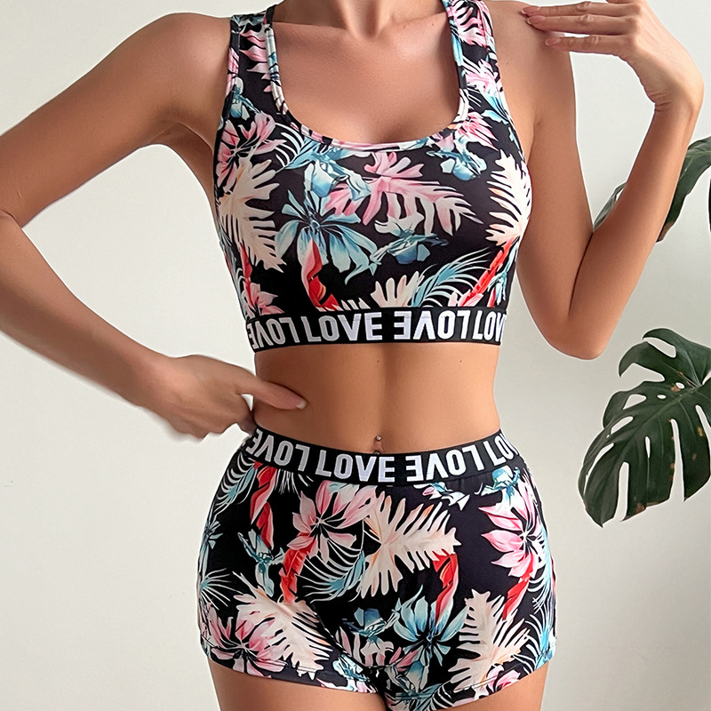 Jauns, etniskā stila, pārrobežu stila apdrukāts peldkostīms AliExpress tropisko lapu bikini ar augstu elastīgo auduma bokserkostīmu