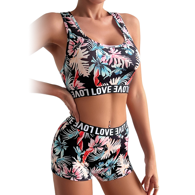 Jauns, etniskā stila, pārrobežu stila apdrukāts peldkostīms AliExpress tropisko lapu bikini ar augstu elastīgo auduma bokserkostīmu