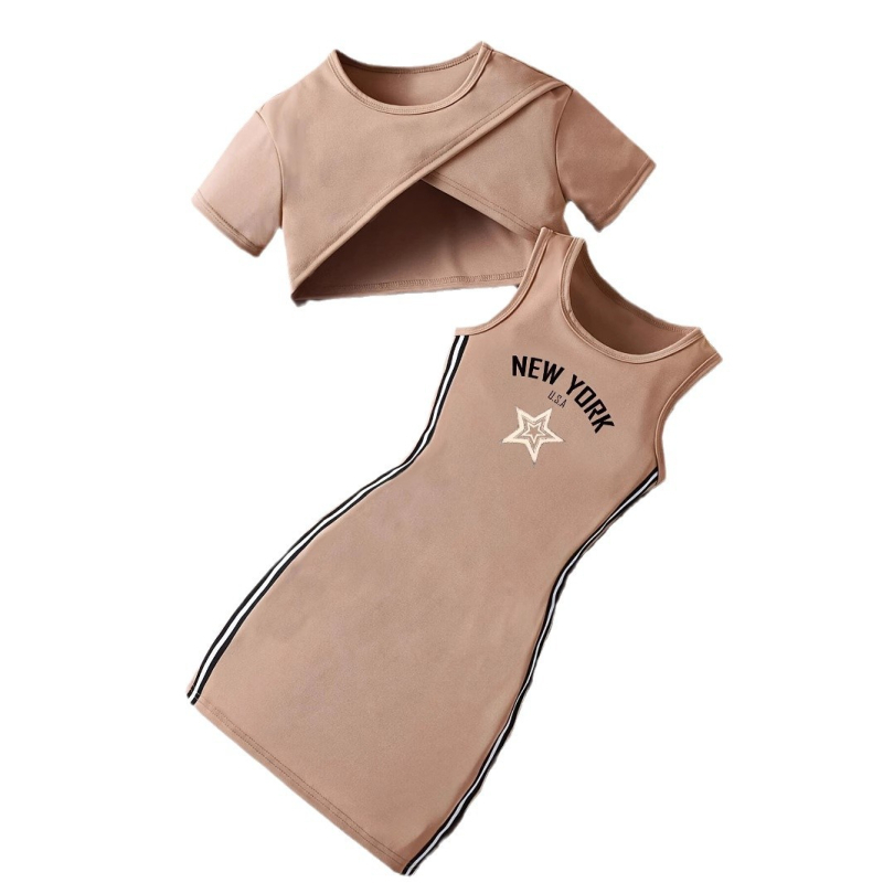 Letné dievčenské šaty s krátkym rukávom a potlačou, cezhraničný zahraničný obchod INS, dvojdielna súprava NEW YORK USA