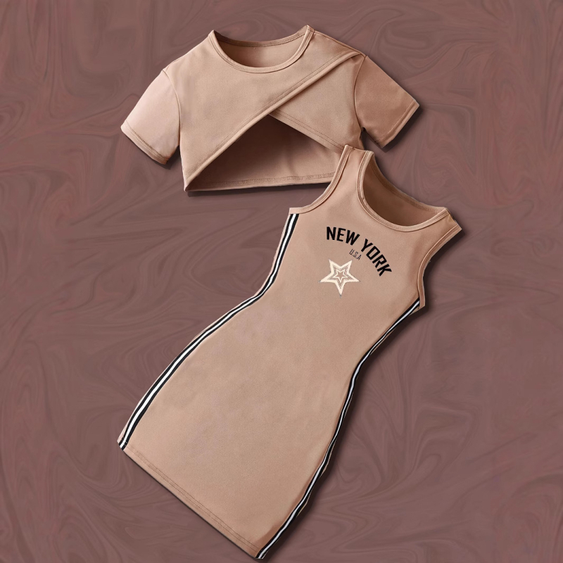 Letné dievčenské šaty s krátkym rukávom a potlačou, cezhraničný zahraničný obchod INS, dvojdielna súprava NEW YORK USA