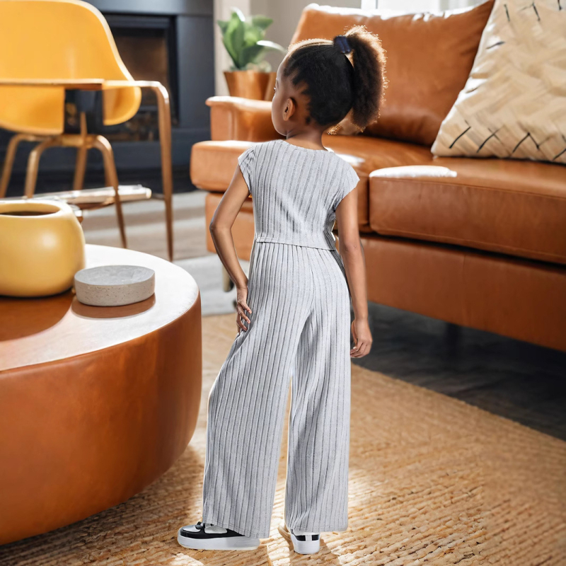 Cezhraničný zahraničný obchod INS Dievčenské letné oblečenie Detské oblečenie Rebrovaný pletený top so škrabancami Široké nohavice Nohavice vhodné pre 1-8 rokov