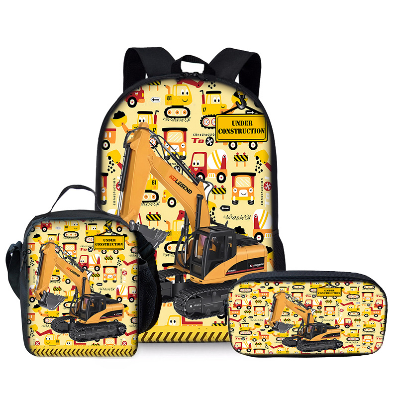 Ekskavaatori algkooliõpilase seljakott kolmeosaline isetegemise trükitud seljakoti söögikott pliiatsikott