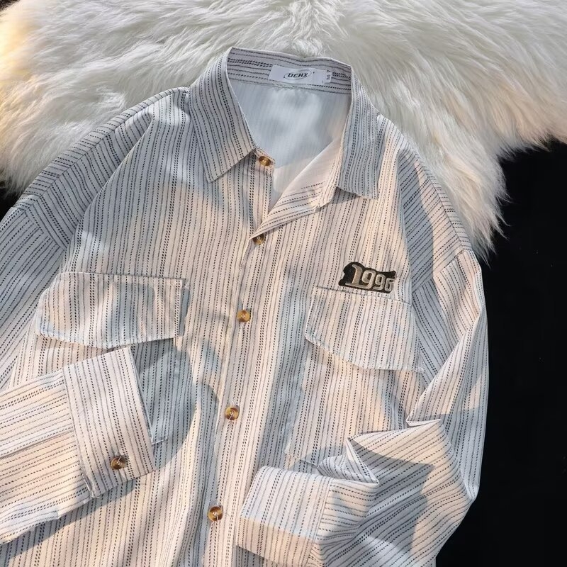 Japonská nadrozmerná košeľa s dlhým rukávom pre mužov, jesenná luxusná, nová, pekná bunda, trendy značka, jarná a jesenná pruhovaná košeľa