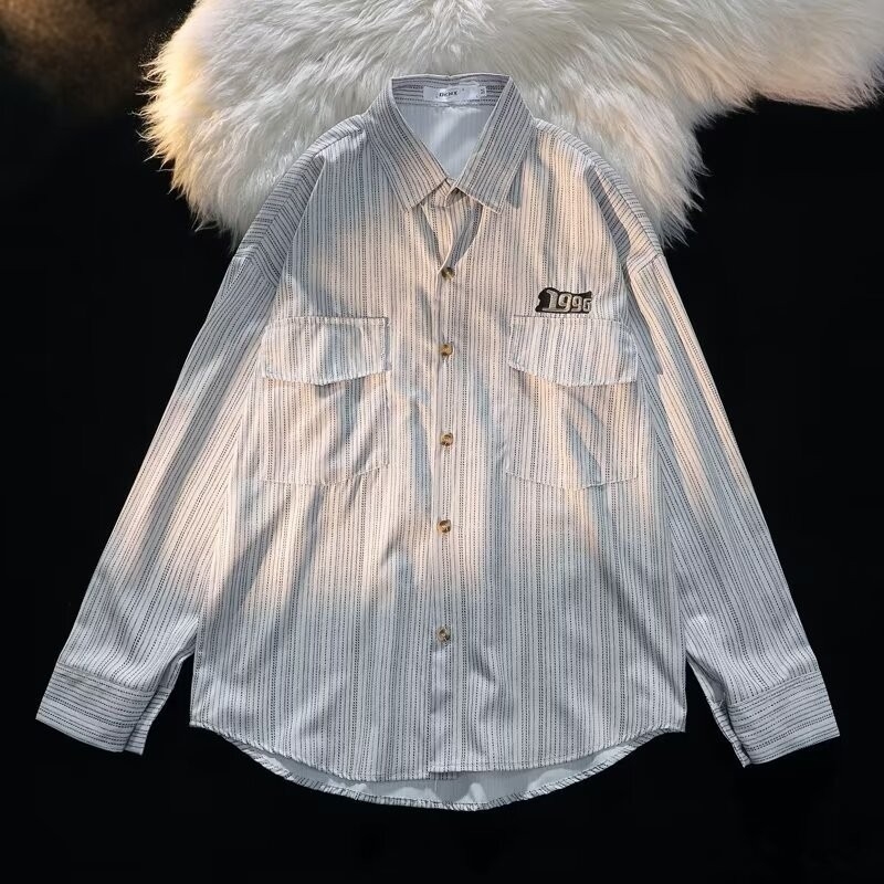 Japonská nadrozmerná košeľa s dlhým rukávom pre mužov, jesenná luxusná, nová, pekná bunda, trendy značka, jarná a jesenná pruhovaná košeľa