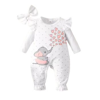 Piiriülene INS vastsündinud beebitüdruku kevad- ja sügisbeebi elevanditrükiga pikkade varrukatega avatav ühes tükis ronimisriiete juukseaksessuaarid